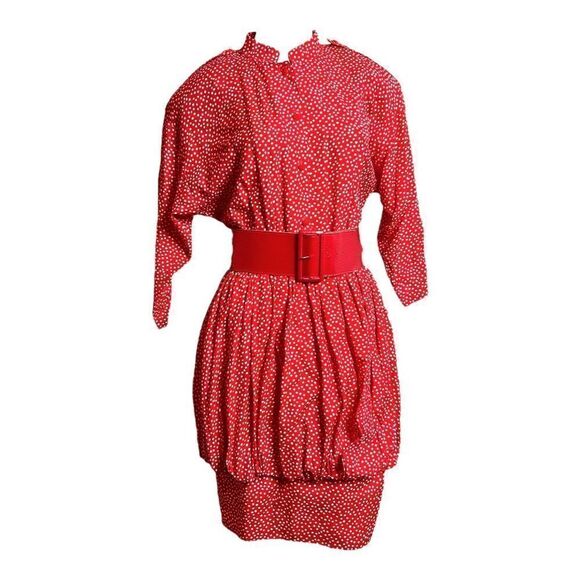 VINTAGE Scarlett Pinup Dress Red White Polka Dots Belt Bubble Waist 9 - Picture 1 of 10